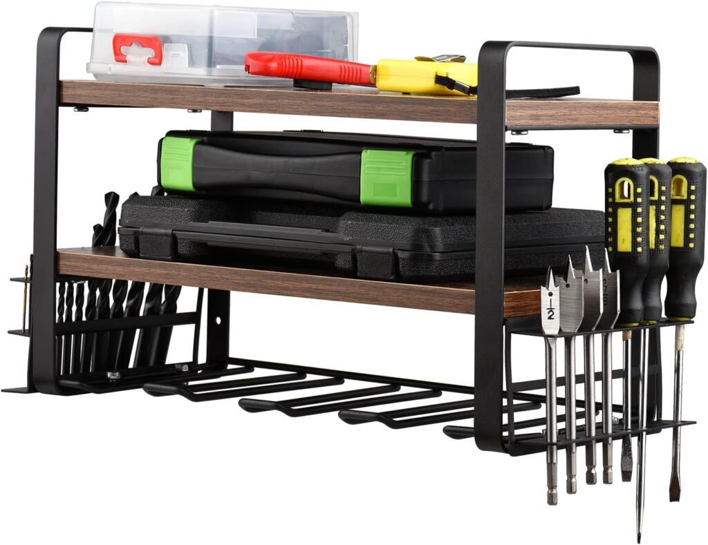 Electric Drill Tool Storage Organiser Holder Wall Shelf 3 Tier Iron and PB Plate Garage Storage for Tool Box Wrench with 4 Hooks for Power Tools