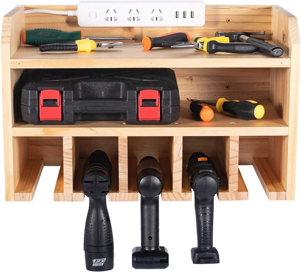 lesolar Tool Wall Mount, Tool Rack, Garage Organiser Systems, Power Tool Organiser, Garage Tool Rack, Wire Slot with Pegboard and 5 Hanging Slots